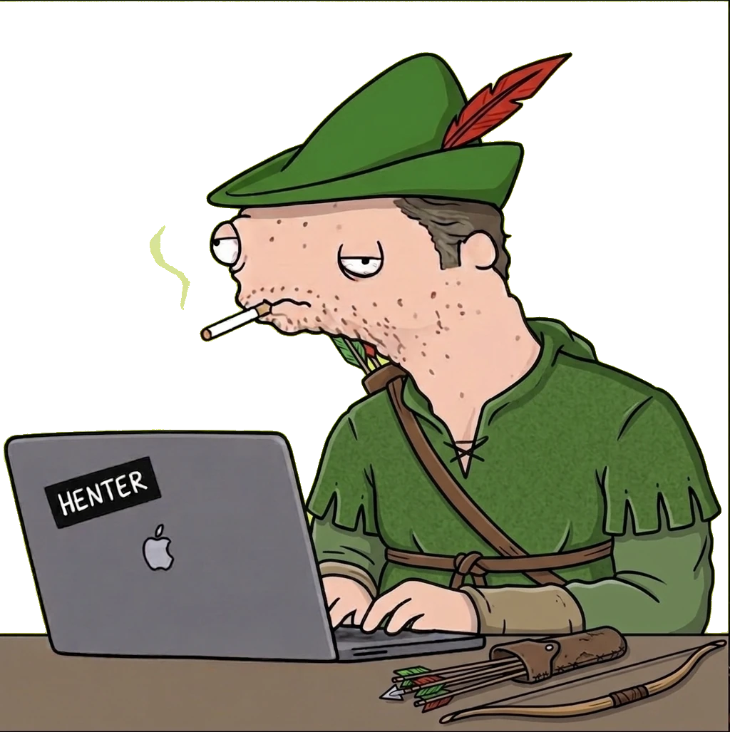 Henterhood at his desk in Lincoln green, quiver on his back, bow and arrows laid out next to the laptop he never collected